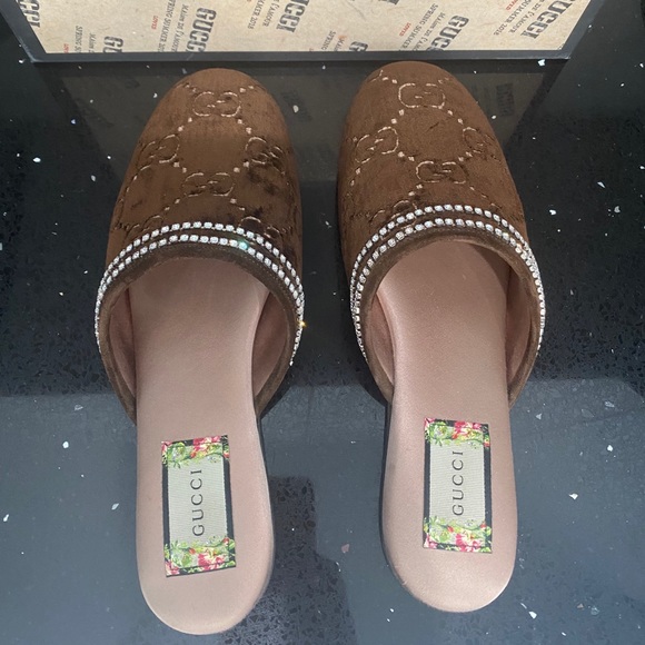 Gucci GG Brown Suede Slippers With Crystal Trim - Picture 3 of 6
